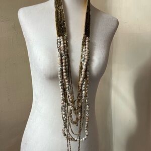 Chan Luu Layered Bead and Brass Multi-Strand Necklace in Cream and Gold